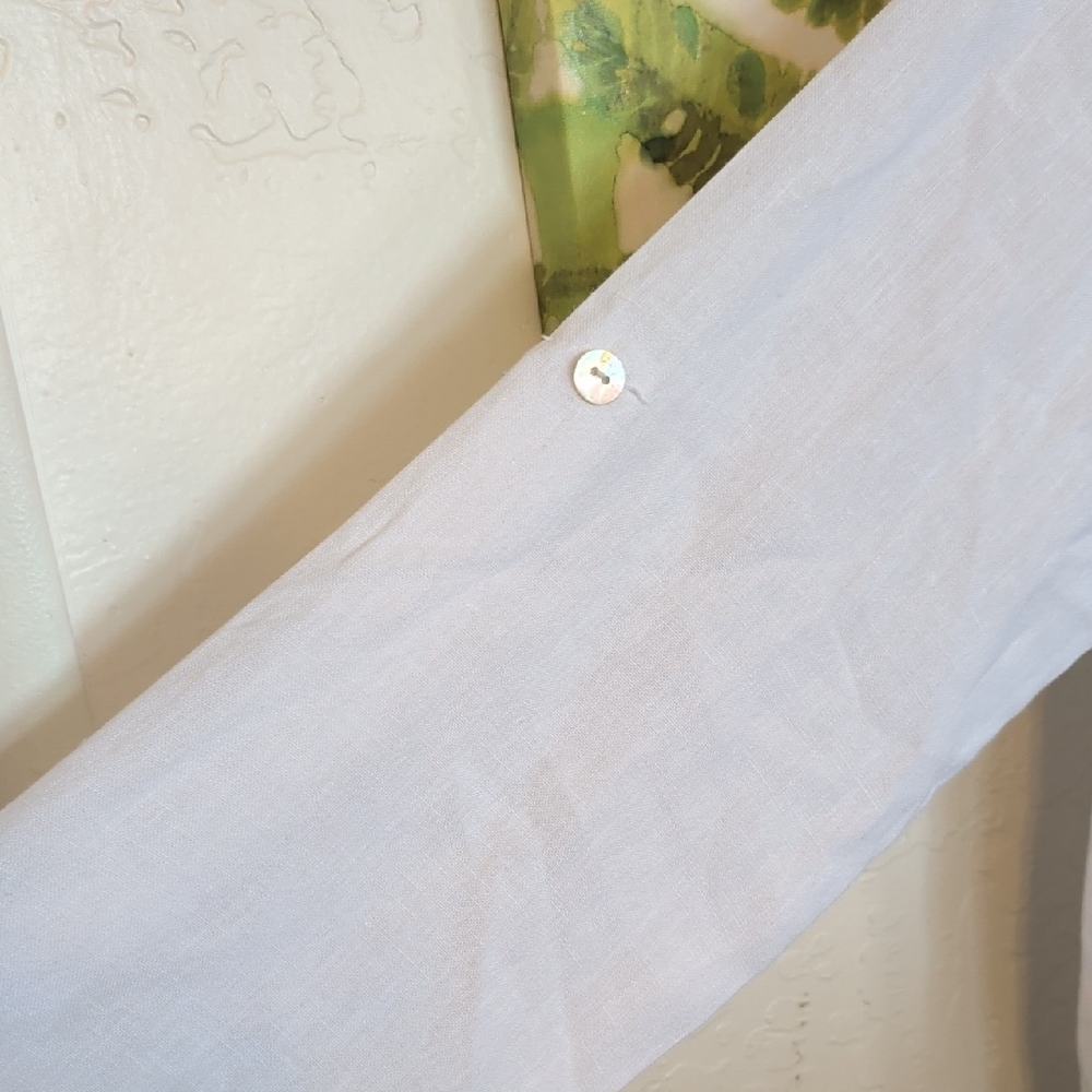 Made In Italy White Linen Blouse Crochet Trim Hi Lo Hem Cottagecore Peasant - Picture 7 of 9
